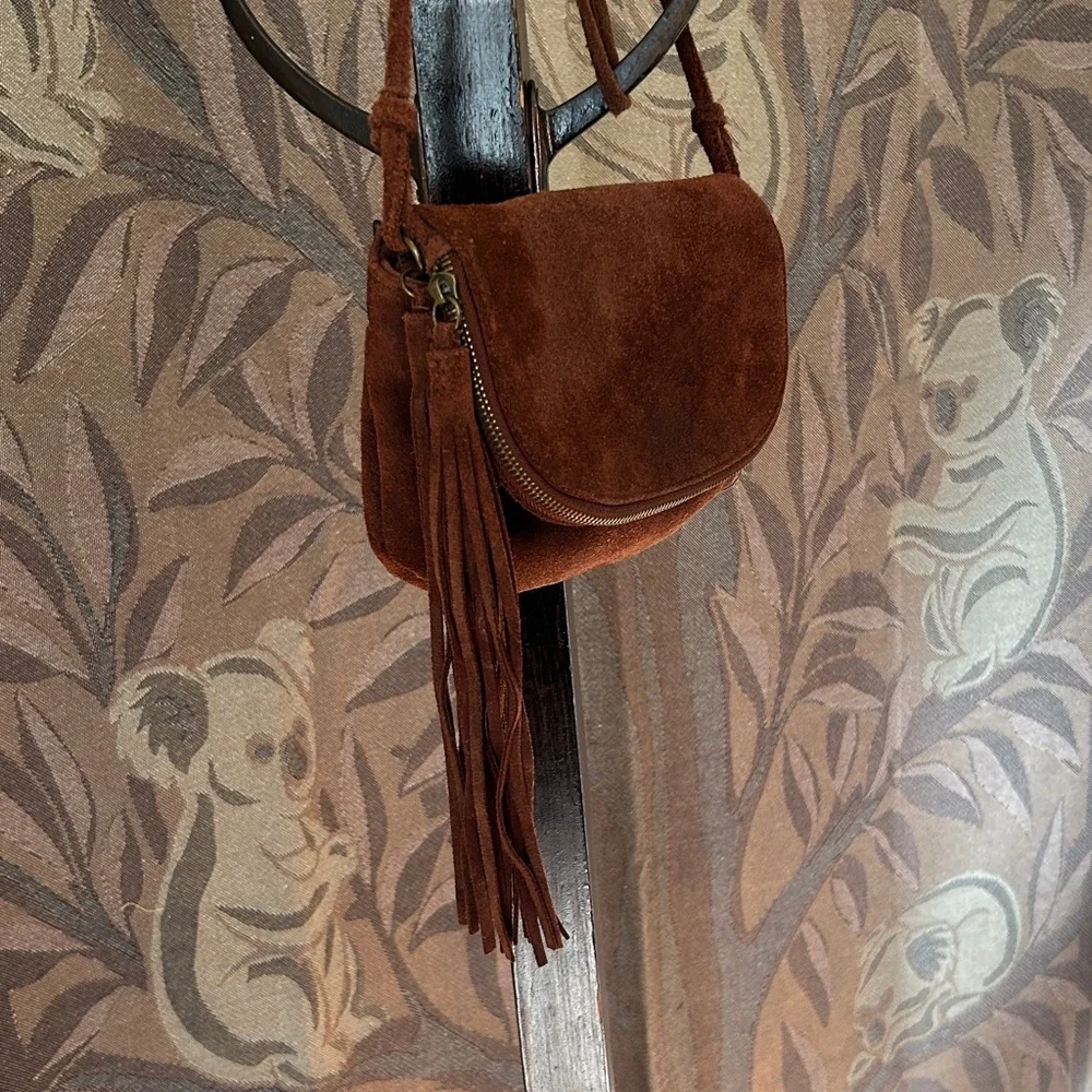 Genuine Suede Leather Crossbody Suede Tassel Bag Brown 2 Zip Festival Bag - Picture 5 of 16